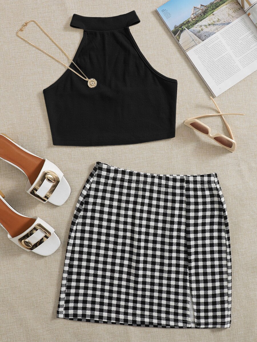 SHEIN Essnce Conjunto top halter corto con falda de guingán - Blanco y Negro - Ver 1