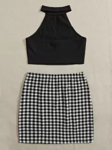 SHEIN Essnce Conjunto top halter corto con falda de guingán - Blanco y Negro - Ver 2