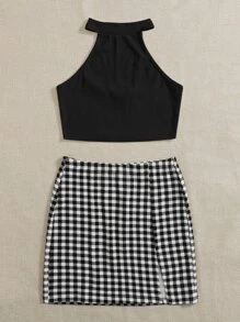 SHEIN Essnce Conjunto top halter corto con falda de guingán - Blanco y Negro - Ver 5