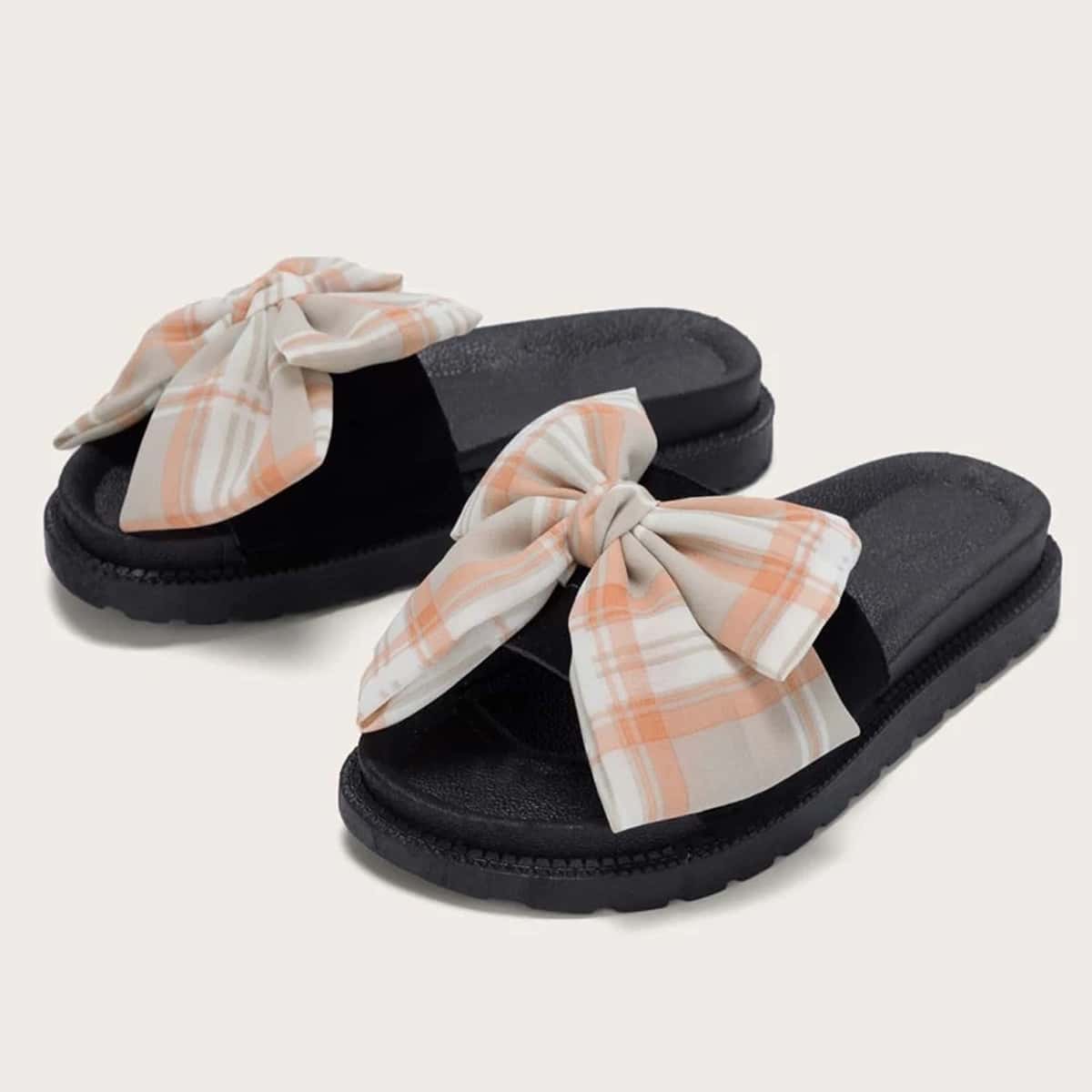 

Tartan Bow Slide Sandals, Multicolor