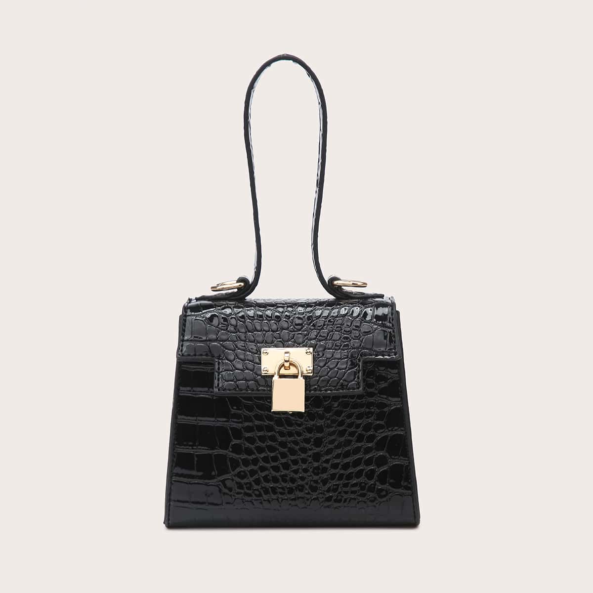 

Croc Embossed Lock Satchel Bag, Black