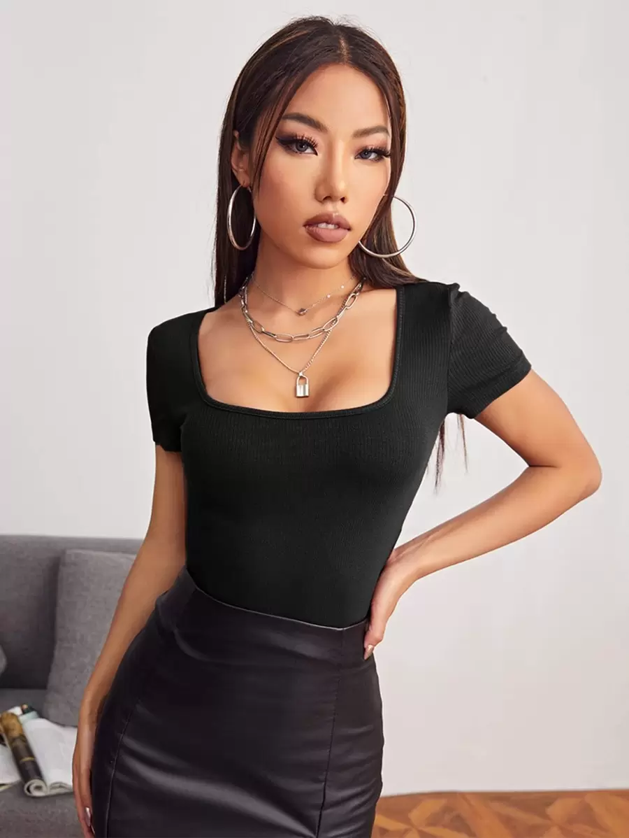 SHEIN EZwear Áo thun Gân đan màu trơn Giải trí - màu đen - Xem 1