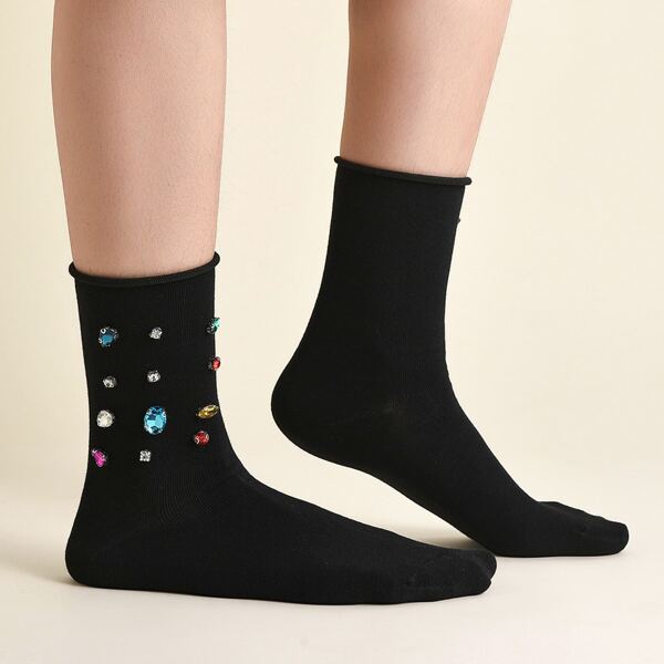 

Rhinestone Decor Crew Socks, Black