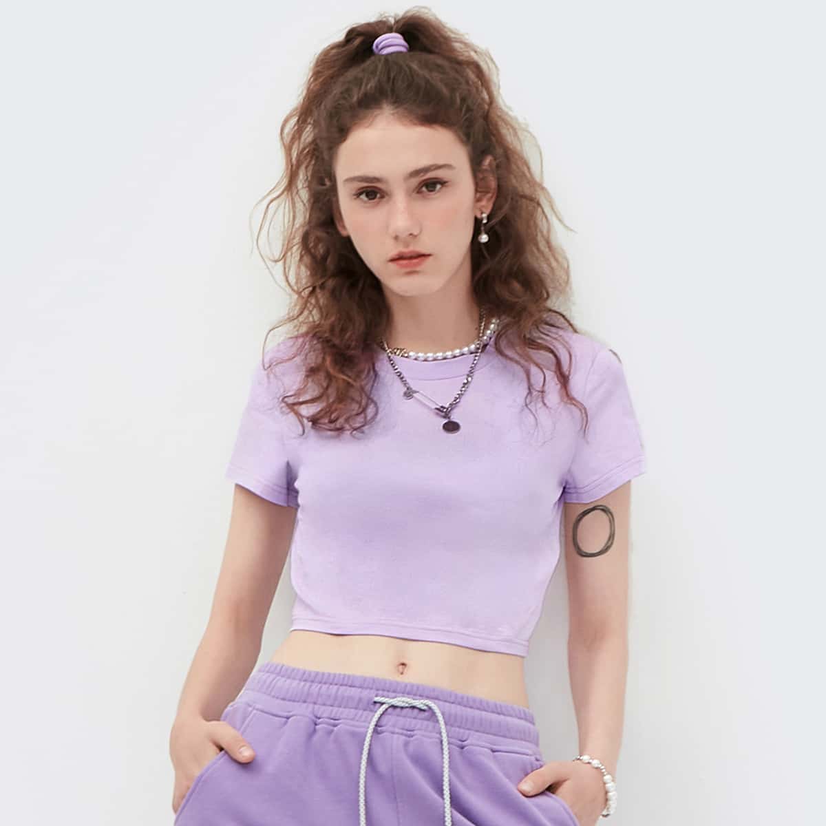 

Round Neck Solid Crop Tee, Pastel lilac purple