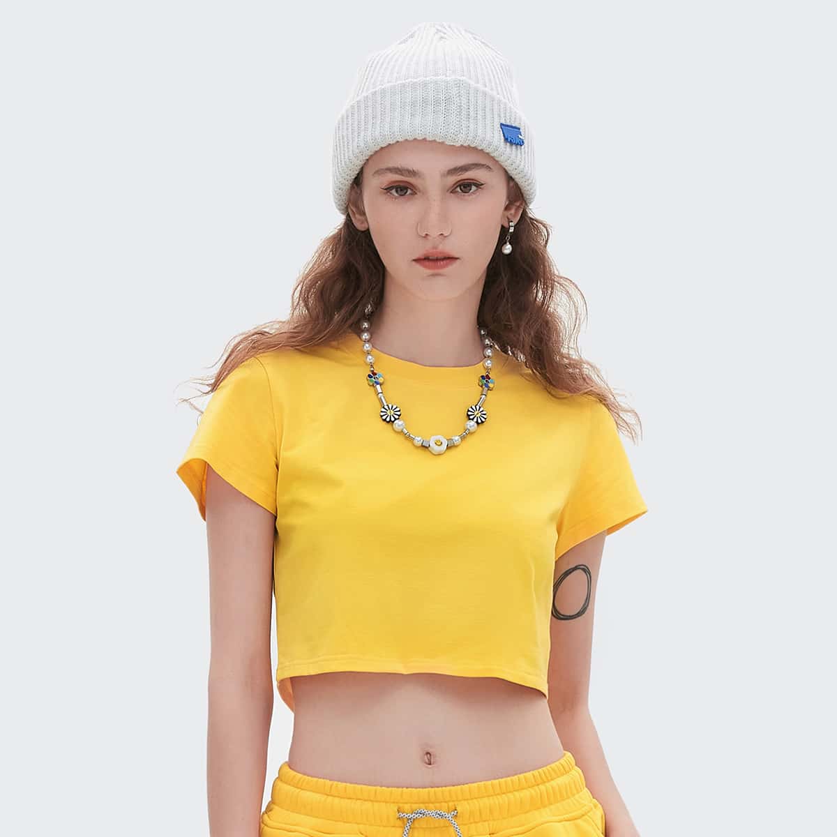 

Round Neck Solid Crop Tee, Yellow bright