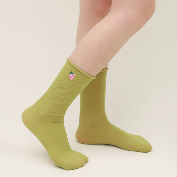 

Strawberry Embroidered Crew Socks, Green