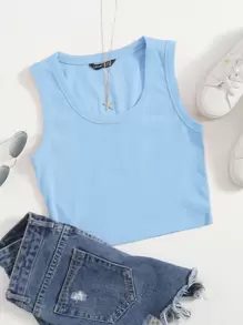 SHEIN EZwear Scoop Neck Solid Tank Top - Baby Blue - View 1