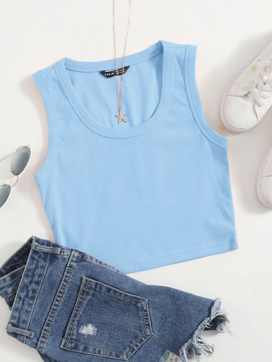 SHEIN EZwear Scoop Neck Solid Tank Top - Baby Blue - View 1