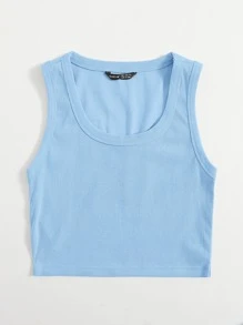 SHEIN EZwear Scoop Neck Solid Tank Top - Baby Blue - View 3