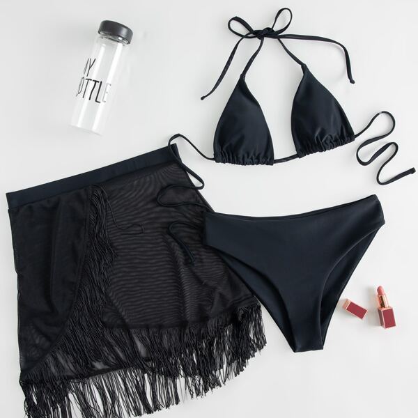 

Micro Triangle Bikini Swimsuit & Fringe Hem Cover Up, Black