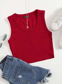 Muchica Scoop Neck Solid Tank Top - Red - View 1