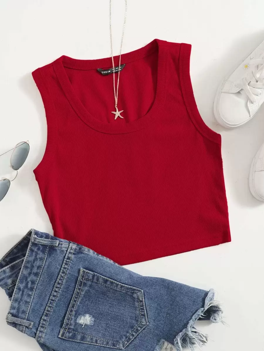 Muchica Scoop Neck Solid Tank Top - Red - View 1