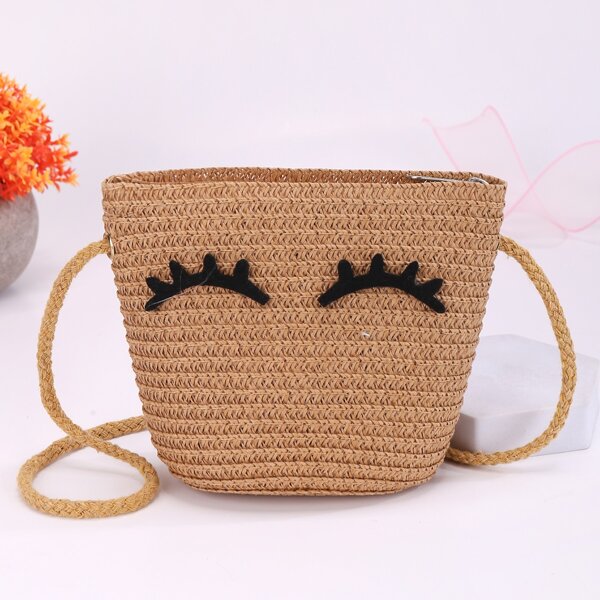 

Girls Eyelash Decor Straw Bag, Coffee brown