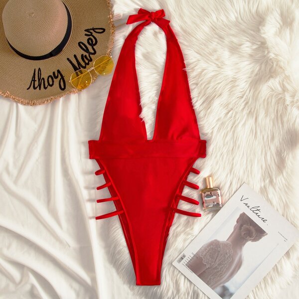 

Ladder Cut-out Halter One Piece Swimsuit, Red