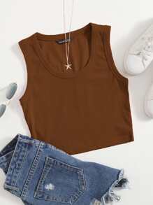 Muchica Top sin mangas liso con cuello redondo grande - Café integral - Ver 1