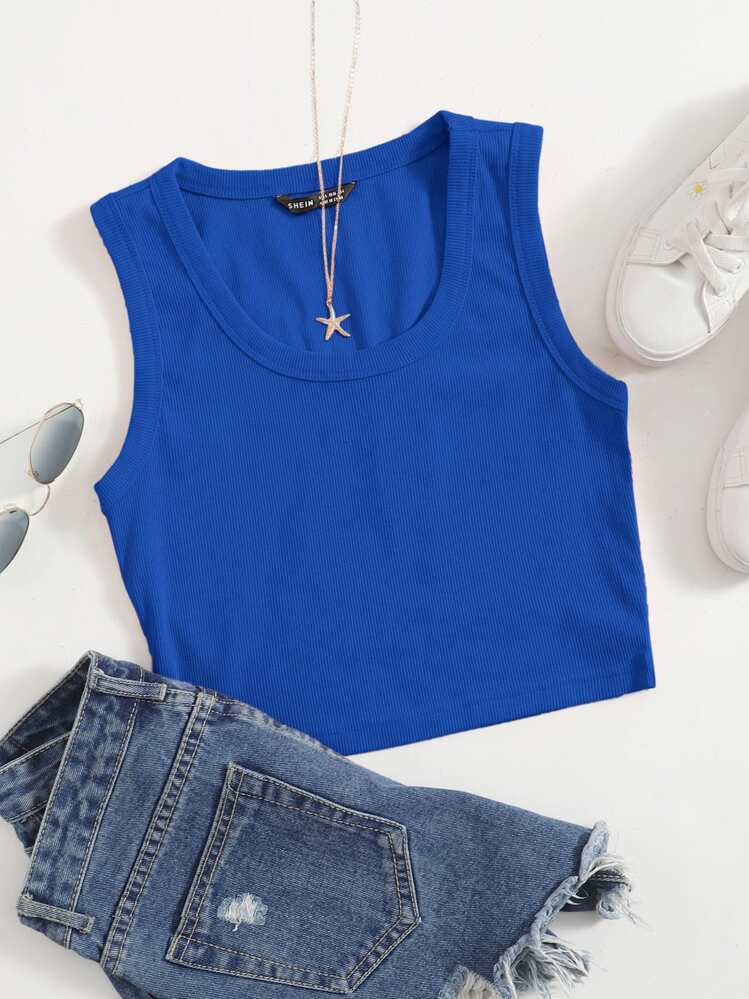 SHEIN Muchic Scoop Neck Solid Tank Top - Royal Blue - View 1