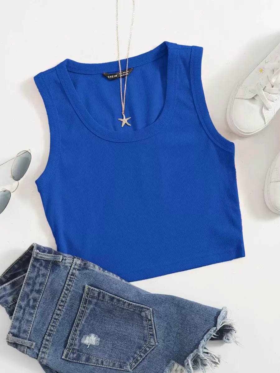 Muchica Top sin mangas liso con cuello redondo grande - azul real - Ver 1