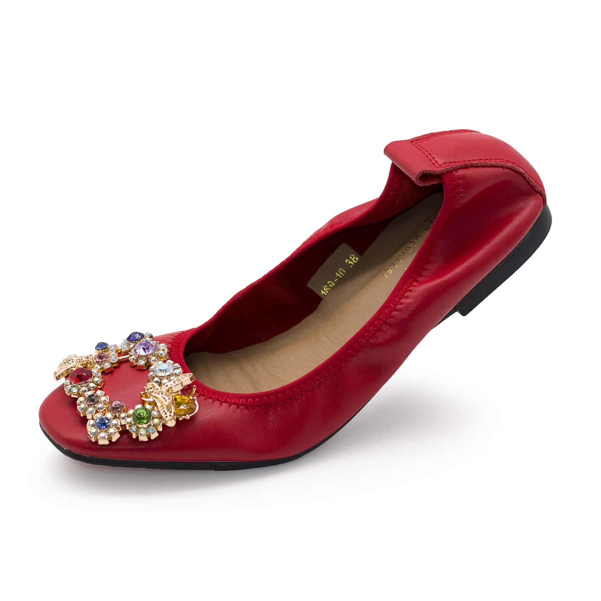 

Leather Rhinestone Decor Flats, Red