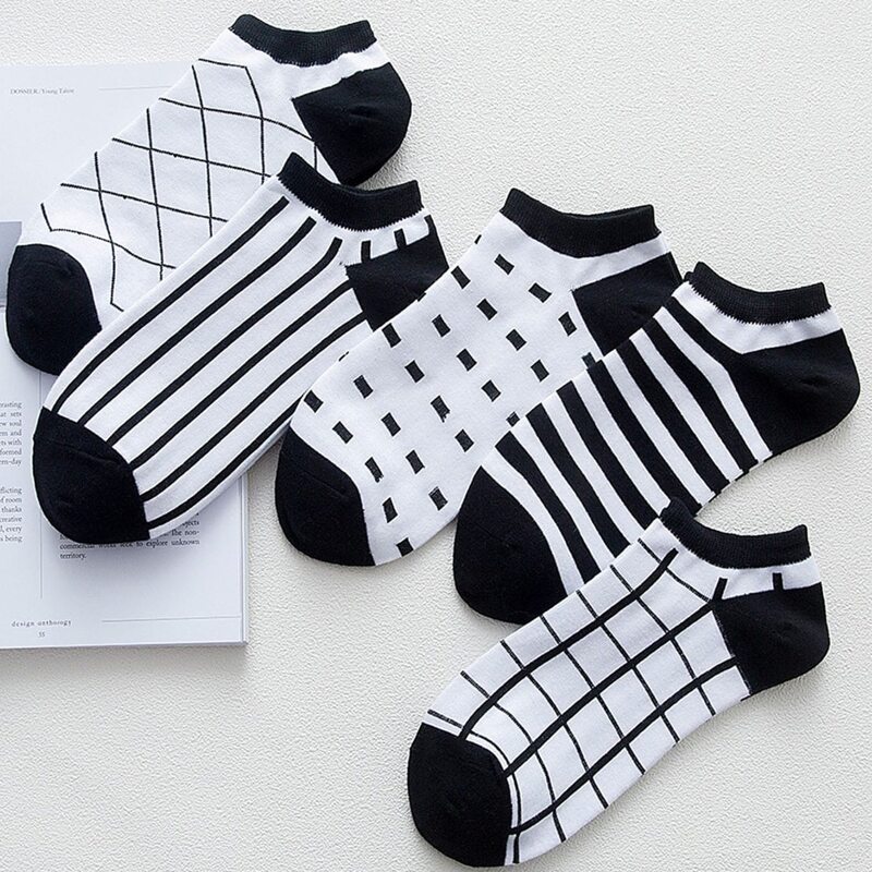 

5pairs Stripe Ankle Socks, Black and white
