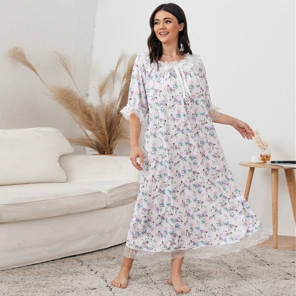 

Plus Allover Floral Print Contrast Lace Tie Front Nightgowns, Multicolor