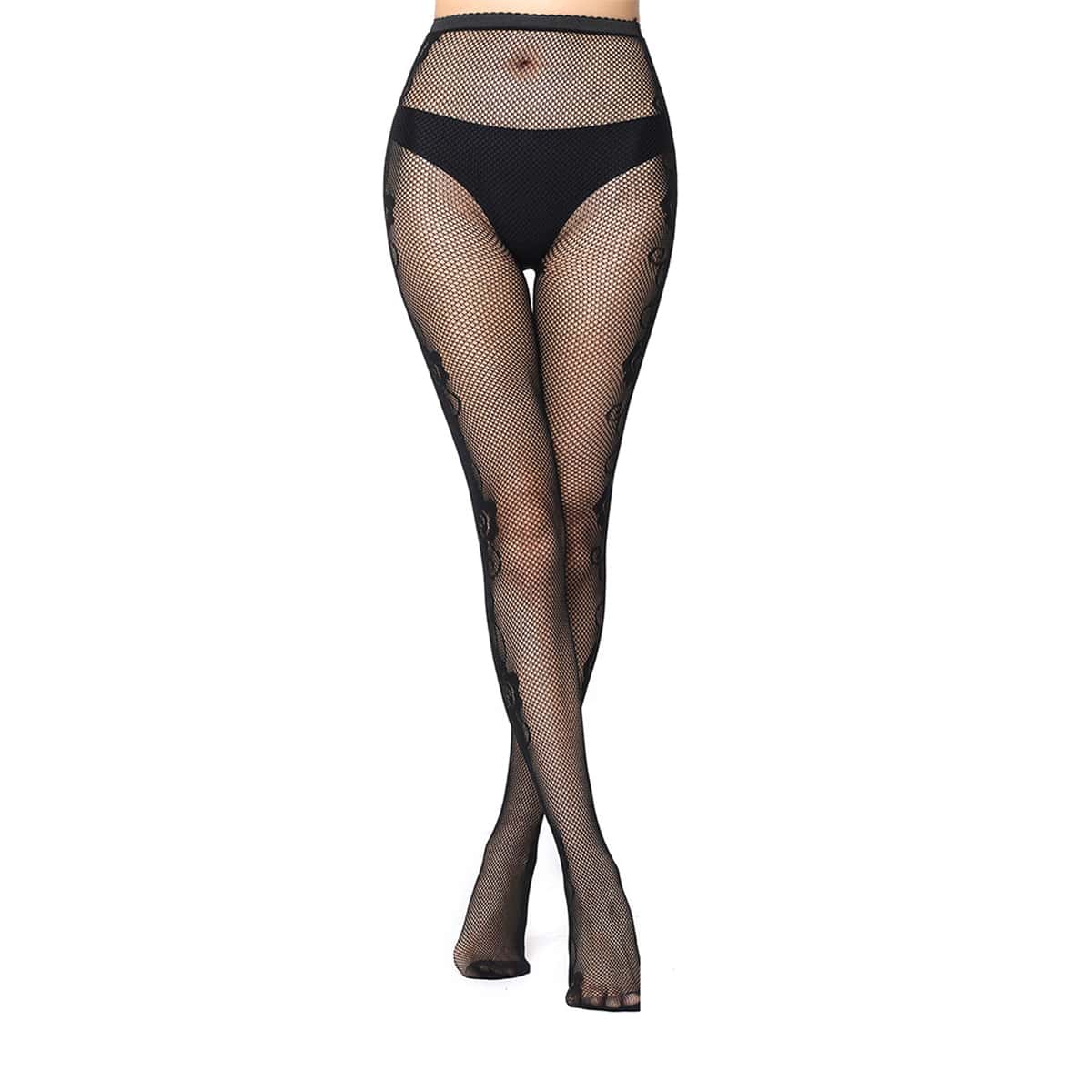 

Floral Pattern Fishnet Tights, Black