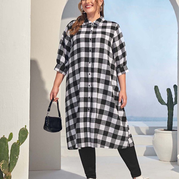 

Plus Single Breasted Buffalo Plaid Blouse, Black and white