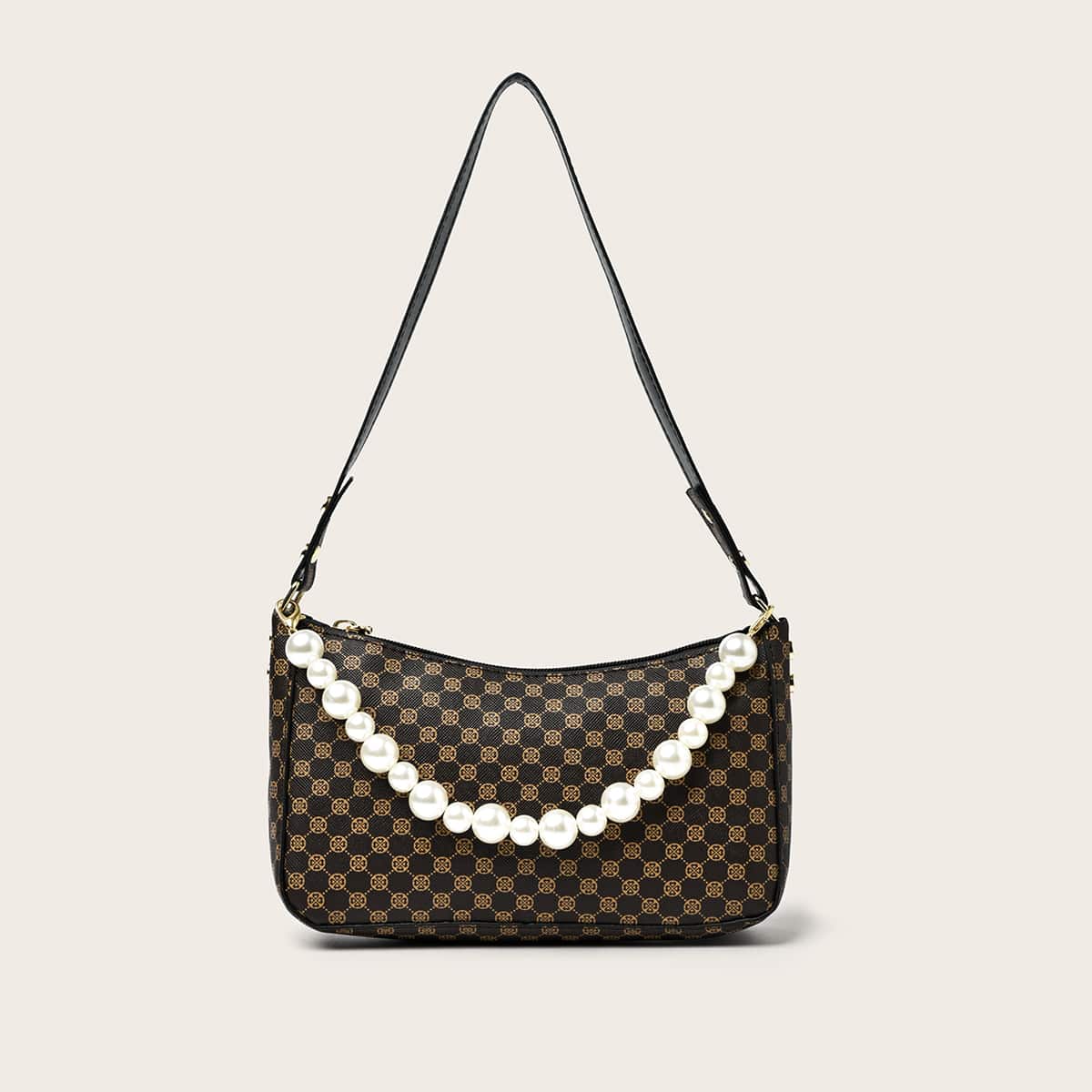 

Faux Pearl Decor Graphic Shoulder Bag, Brown