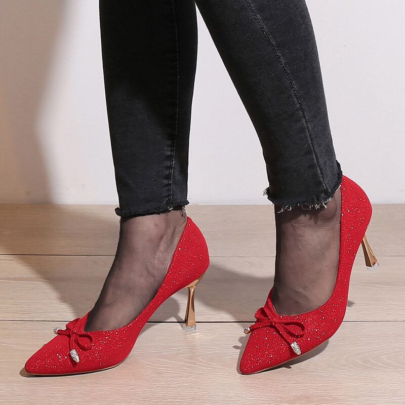

Bow & Rhinestone Decor Court Pumps, Red