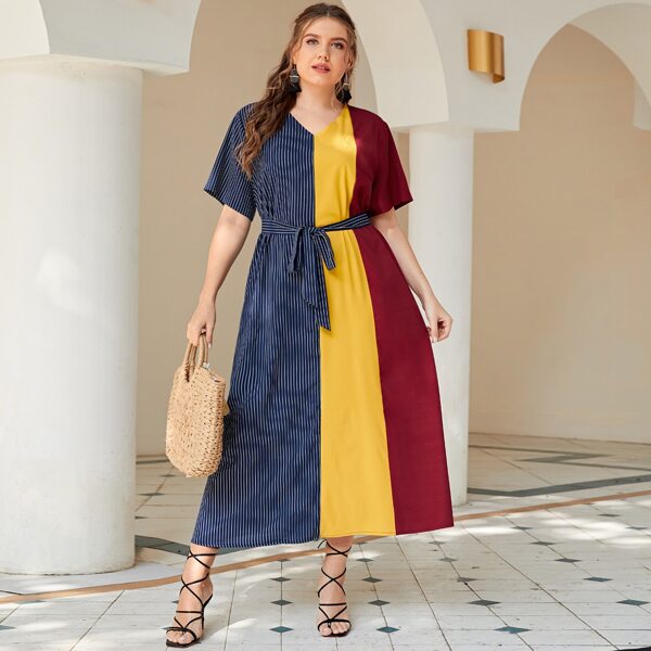 

Plus Striped Colorblock V Neck Belted Dress, Multicolor
