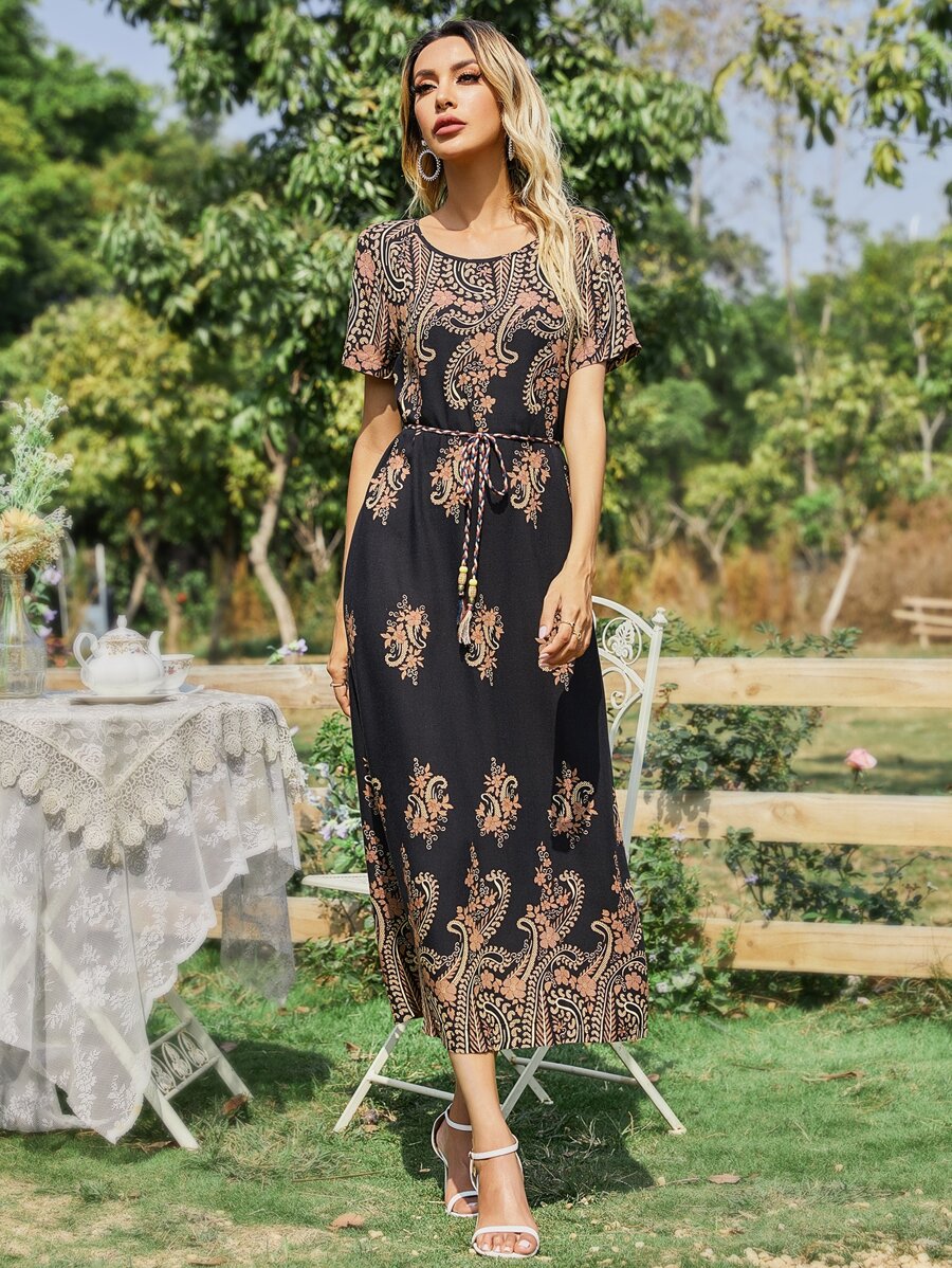 Mulvari Đầm Thắt lưng Hoa Giải trí - màu đen - Xem 1