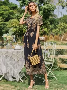 Mulvari Đầm Thắt lưng Hoa Giải trí - màu đen - Xem 6