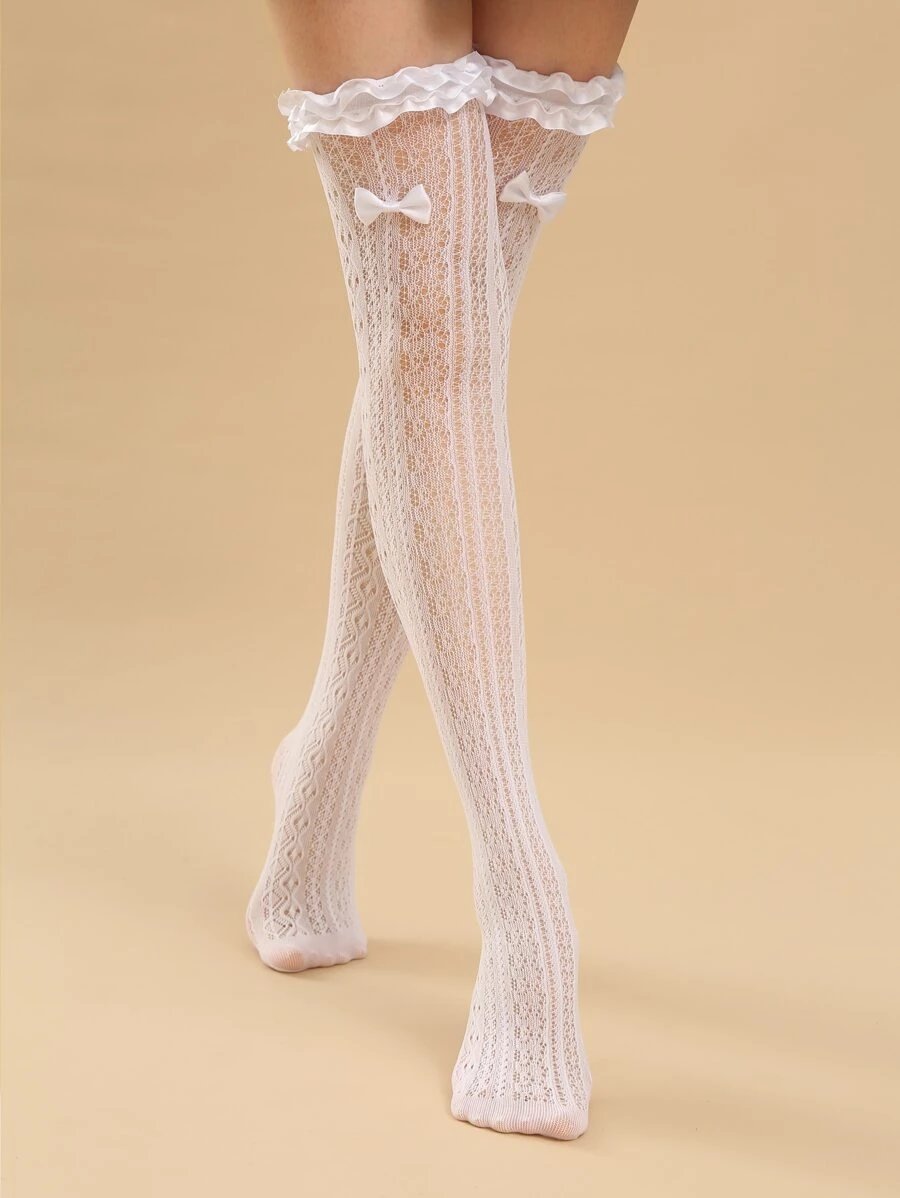 Ruffle Trim Over The Knee Socks - White - View 1