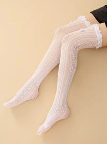 Ruffle Trim Over The Knee Socks - White - View 3