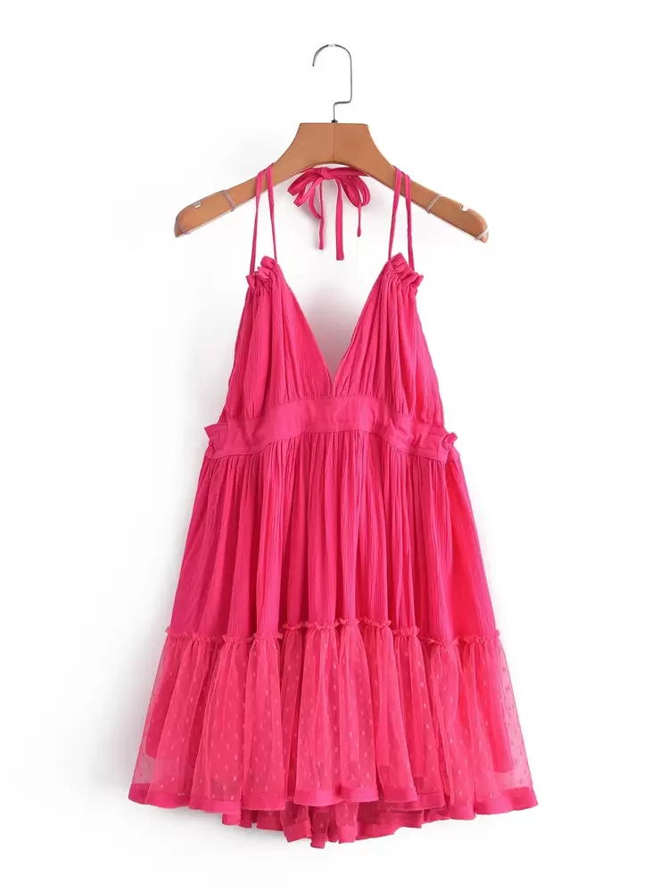 dobby mesh self-tie ruffled halter dress dobby mesh self-tie ruffled halter dress Dobby Mesh Self-Tie Ruffled Halter  Dress
