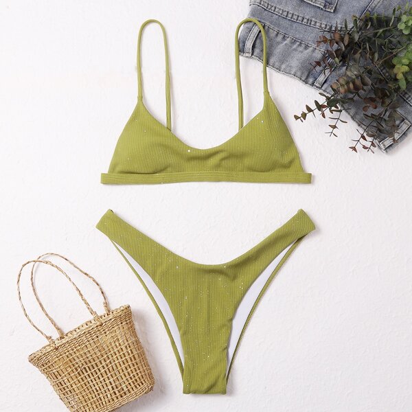 

Rib Cheeky Bikini Swimsuit, Olive green