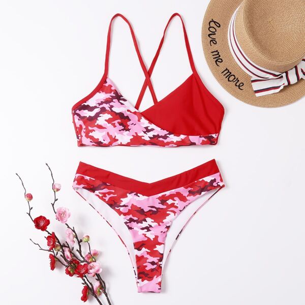 

Camo Pattern Crisscross Bikini Swimsuit, Red