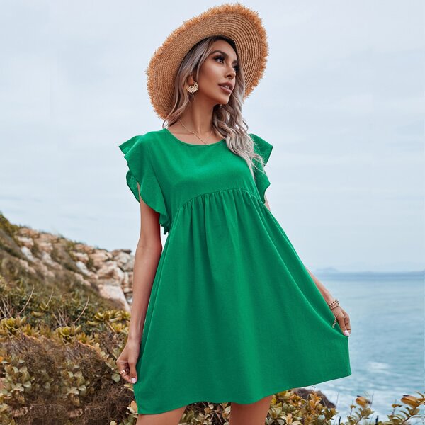 

Solid Ruffle Cuff Smock Dress, Green