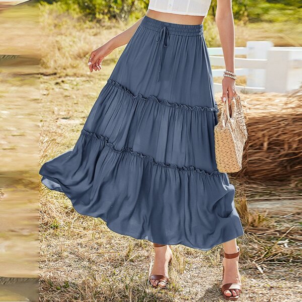 

Frill Trim Tie Front Layered Skirt, Dusty blue