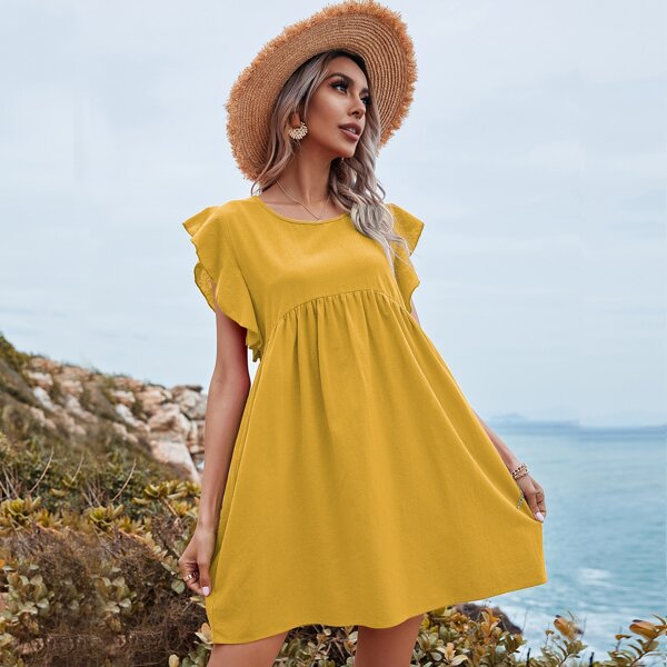 

Solid Ruffle Cuff Smock Dress, Mustard yellow
