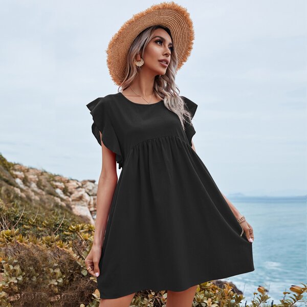 

Solid Ruffle Cuff Smock Dress, Black