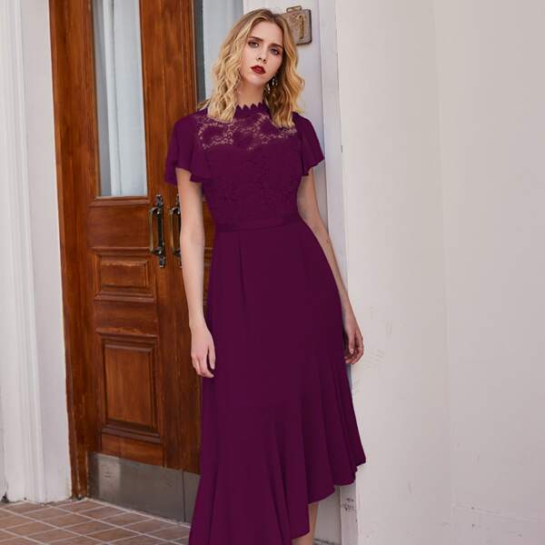 

Butterfly Sleeve Lace Bodice Flounce Hem Dress, Purple