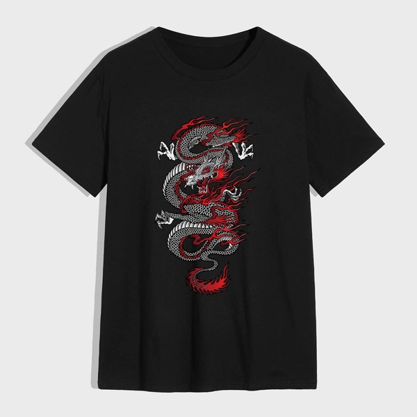 

Men Chinese Dragon Print Tee, Black