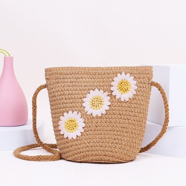 

Girls Floral Decor Straw Bag, Khaki