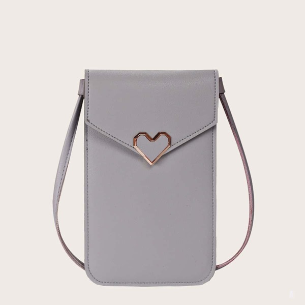 

Metal Heart Decor Flap Crossbody Bag, Grey