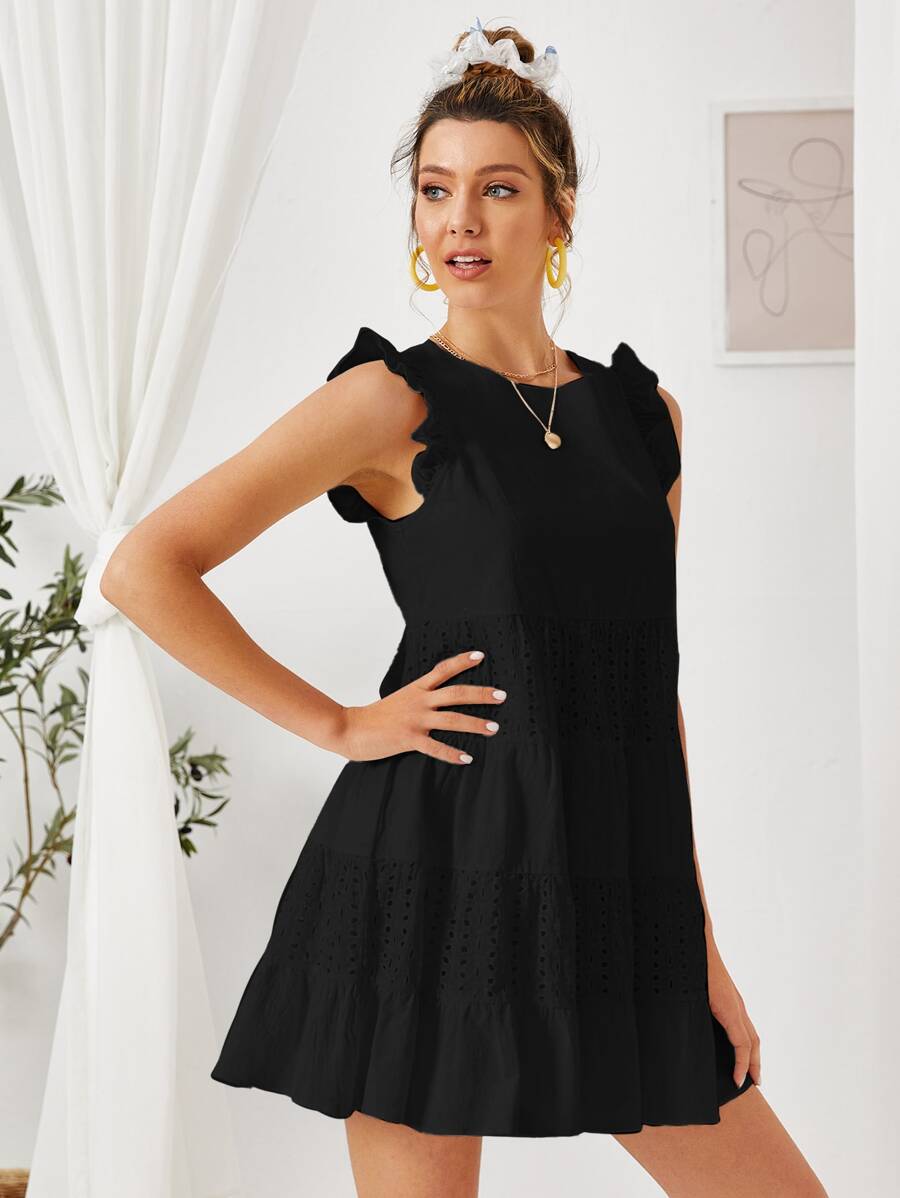 SHEIN Keyhole Back Ruffle Armhole Schiffy Panel Smock Dress - Black - View 1