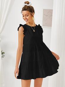 SHEIN Keyhole Back Ruffle Armhole Schiffy Panel Smock Dress - Black - View 5