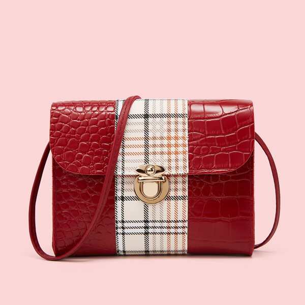

Plaid Pattern Push Lock Flap Crossbody Bag, Burgundy