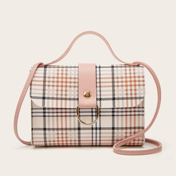 

Plaid Pattern Flap Satchel Bag, Pink