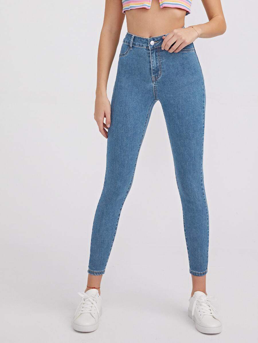 SHEIN Essnce 高腰緊身九分牛仔褲 - 中等水洗藍 - 查看 1