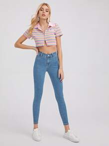 SHEIN Essnce 高腰緊身九分牛仔褲 - 中等水洗藍 - 查看 3